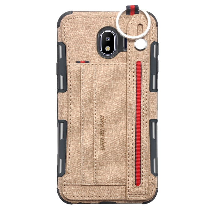 For Galaxy J4 (2018) Cloth Texture + TPU Shockproof Protective Case with Metal Ring & Holder & Card Slots & Hanging Strap