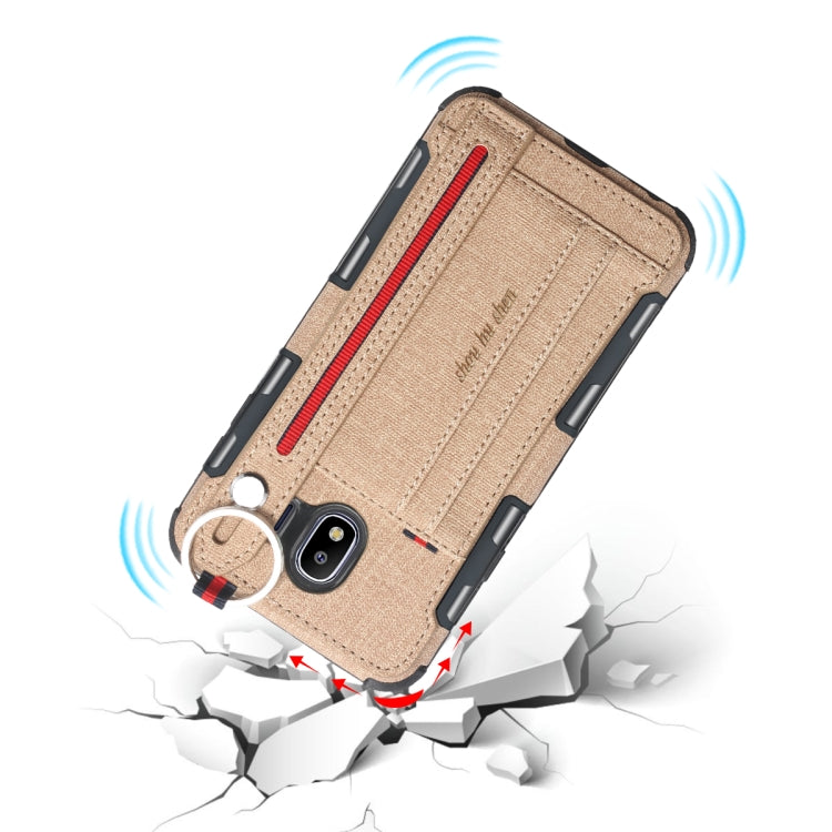 For Galaxy J4 (2018) Cloth Texture + TPU Shockproof Protective Case with Metal Ring & Holder & Card Slots & Hanging Strap