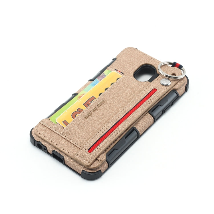 For Galaxy J4 (2018) Cloth Texture + TPU Shockproof Protective Case with Metal Ring & Holder & Card Slots & Hanging Strap