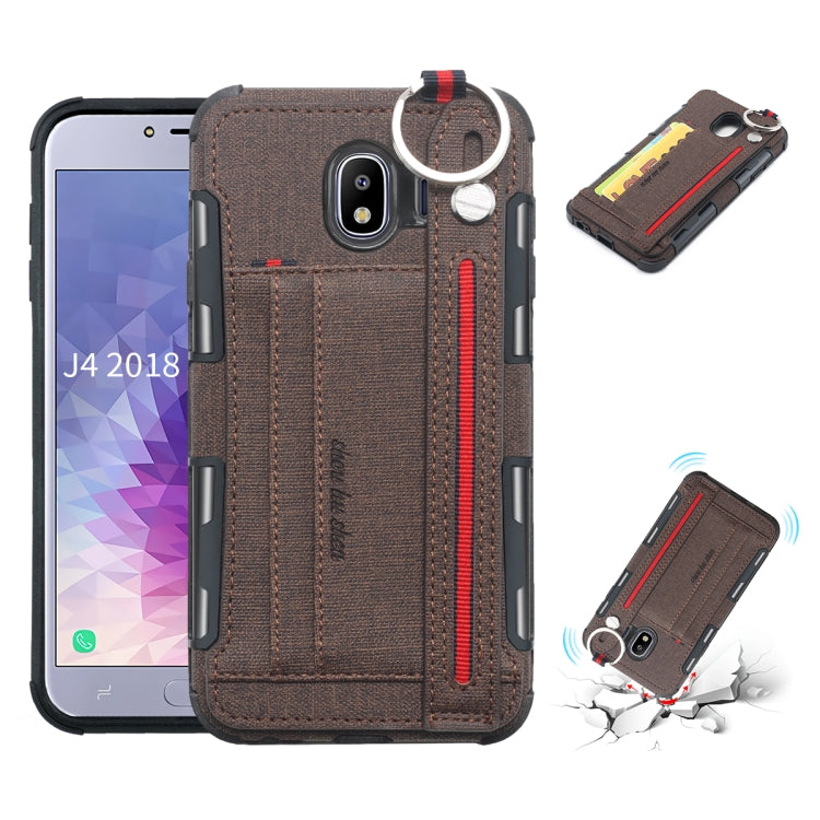 For Galaxy J4 (2018) Cloth Texture + TPU Shockproof Protective Case with Metal Ring & Holder & Card Slots & Hanging Strap