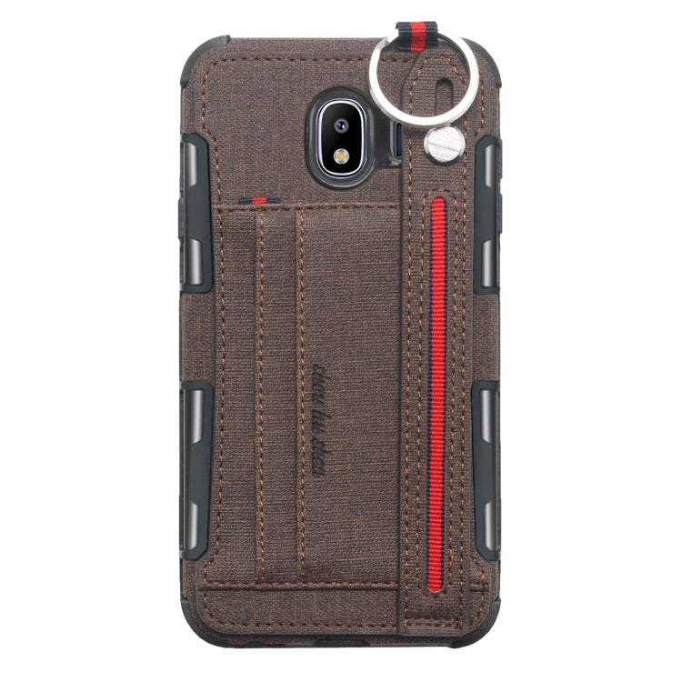 For Galaxy J4 (2018) Cloth Texture + TPU Shockproof Protective Case with Metal Ring & Holder & Card Slots & Hanging Strap