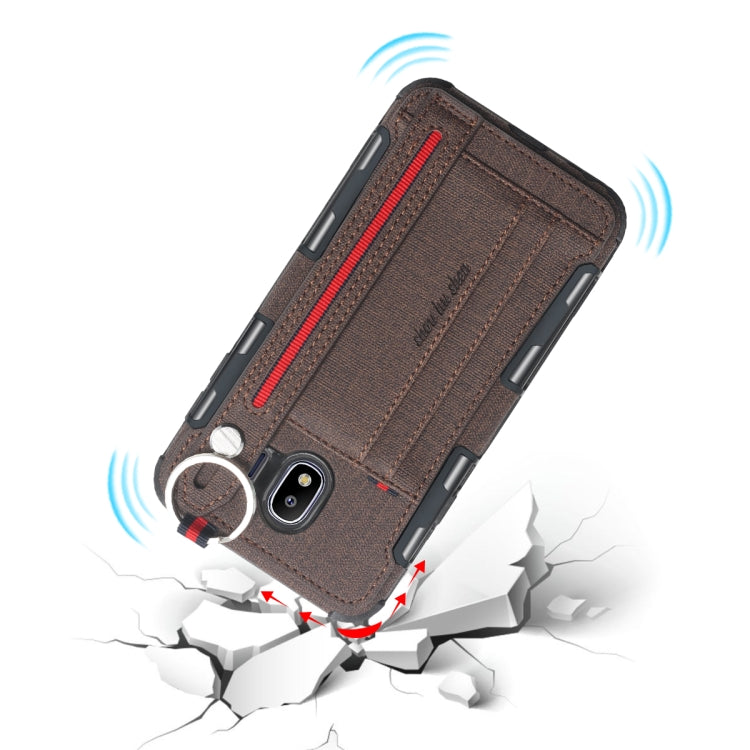 For Galaxy J4 (2018) Cloth Texture + TPU Shockproof Protective Case with Metal Ring & Holder & Card Slots & Hanging Strap