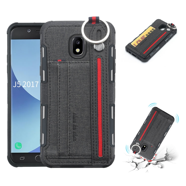 For Galaxy J5 (2017) Cloth Texture + TPU Shockproof Protective Case with Metal Ring & Holder & Card Slots & Hanging Strap