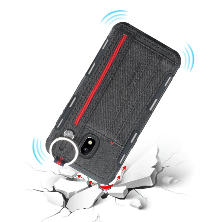 For Galaxy J5 (2017) Cloth Texture + TPU Shockproof Protective Case with Metal Ring & Holder & Card Slots & Hanging Strap
