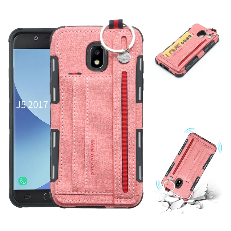For Galaxy J5 (2017) Cloth Texture + TPU Shockproof Protective Case with Metal Ring & Holder & Card Slots & Hanging Strap