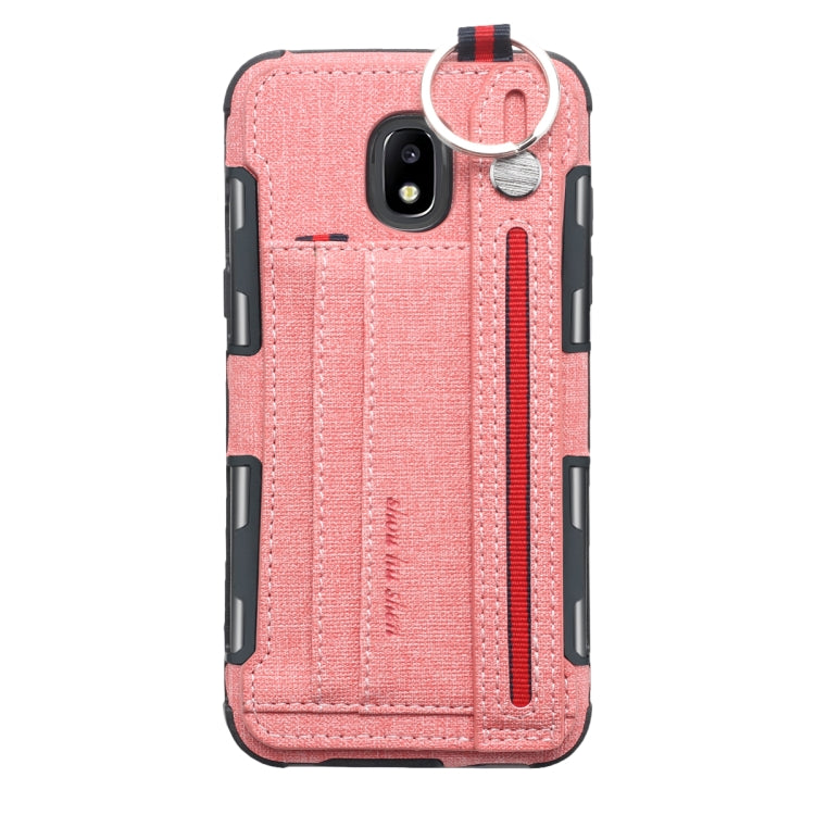 For Galaxy J5 (2017) Cloth Texture + TPU Shockproof Protective Case with Metal Ring & Holder & Card Slots & Hanging Strap