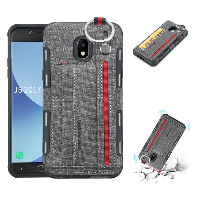 For Galaxy J5 (2017) Cloth Texture + TPU Shockproof Protective Case with Metal Ring & Holder & Card Slots & Hanging Strap