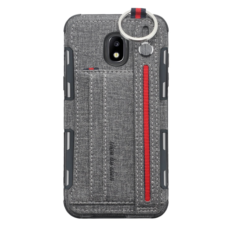 For Galaxy J5 (2017) Cloth Texture + TPU Shockproof Protective Case with Metal Ring & Holder & Card Slots & Hanging Strap