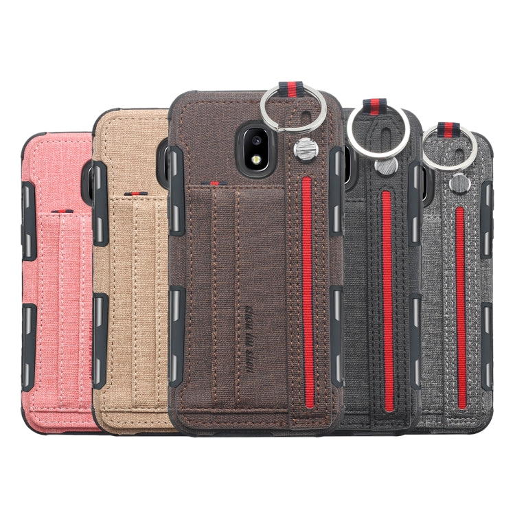 For Galaxy J5 (2017) Cloth Texture + TPU Shockproof Protective Case with Metal Ring & Holder & Card Slots & Hanging Strap