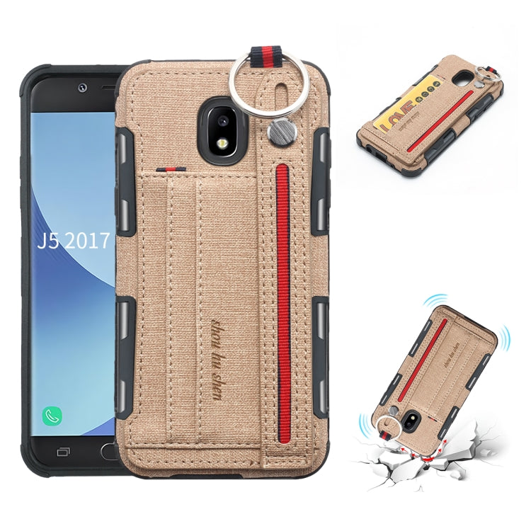 For Galaxy J5 (2017) Cloth Texture + TPU Shockproof Protective Case with Metal Ring & Holder & Card Slots & Hanging Strap