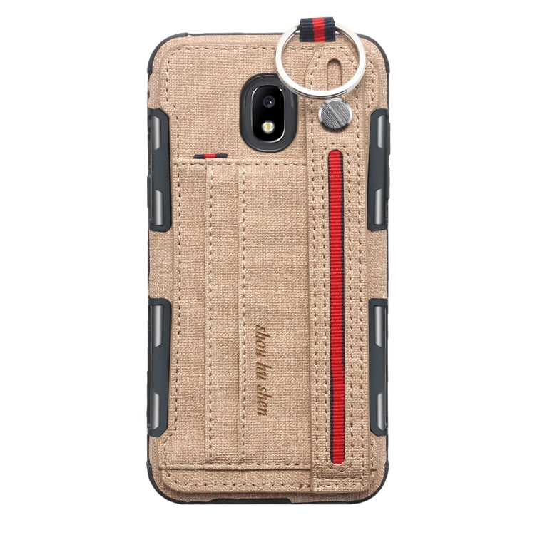 For Galaxy J5 (2017) Cloth Texture + TPU Shockproof Protective Case with Metal Ring & Holder & Card Slots & Hanging Strap