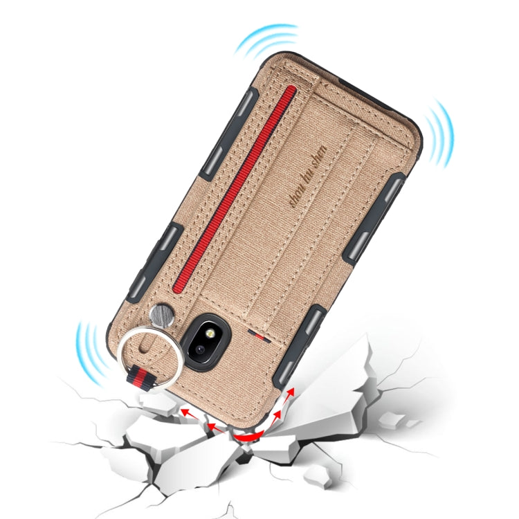 For Galaxy J5 (2017) Cloth Texture + TPU Shockproof Protective Case with Metal Ring & Holder & Card Slots & Hanging Strap