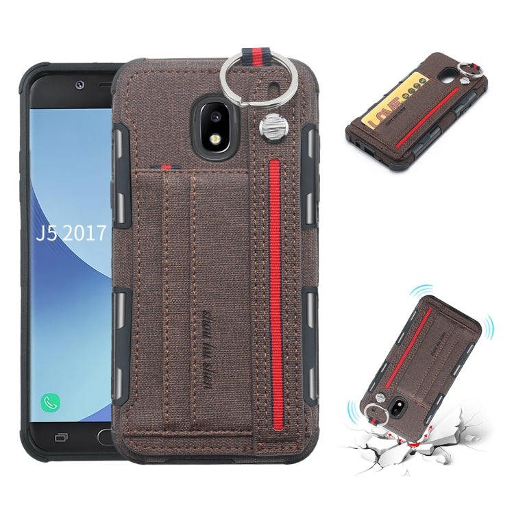 For Galaxy J5 (2017) Cloth Texture + TPU Shockproof Protective Case with Metal Ring & Holder & Card Slots & Hanging Strap