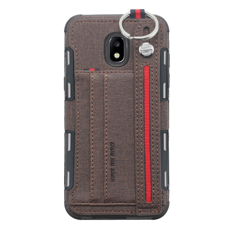 For Galaxy J5 (2017) Cloth Texture + TPU Shockproof Protective Case with Metal Ring & Holder & Card Slots & Hanging Strap