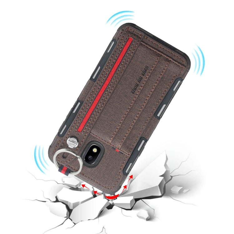 For Galaxy J5 (2017) Cloth Texture + TPU Shockproof Protective Case with Metal Ring & Holder & Card Slots & Hanging Strap