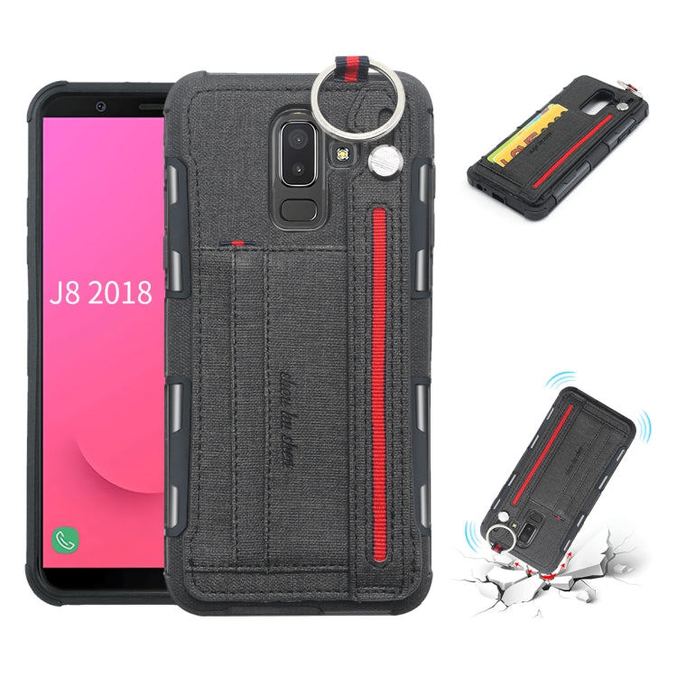 For Galaxy J8 (2018) Cloth Texture + TPU Shockproof Protective Case with Metal Ring & Holder & Card Slots & Hanging Strap