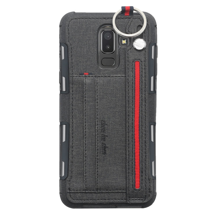 For Galaxy J8 (2018) Cloth Texture + TPU Shockproof Protective Case with Metal Ring & Holder & Card Slots & Hanging Strap