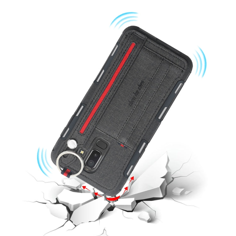 For Galaxy J8 (2018) Cloth Texture + TPU Shockproof Protective Case with Metal Ring & Holder & Card Slots & Hanging Strap