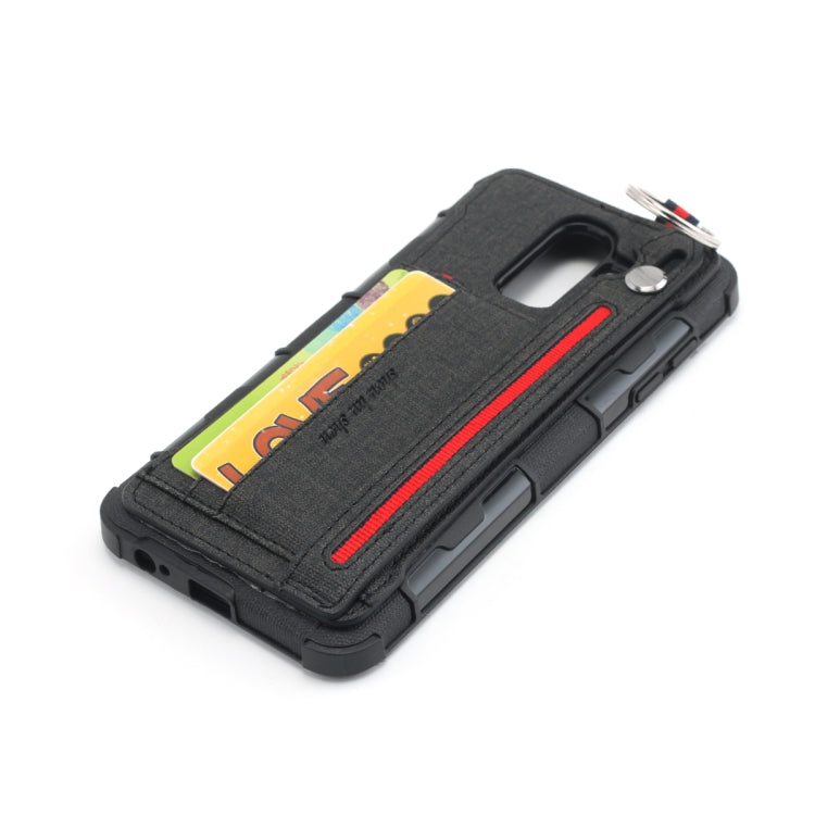 For Galaxy J8 (2018) Cloth Texture + TPU Shockproof Protective Case with Metal Ring & Holder & Card Slots & Hanging Strap