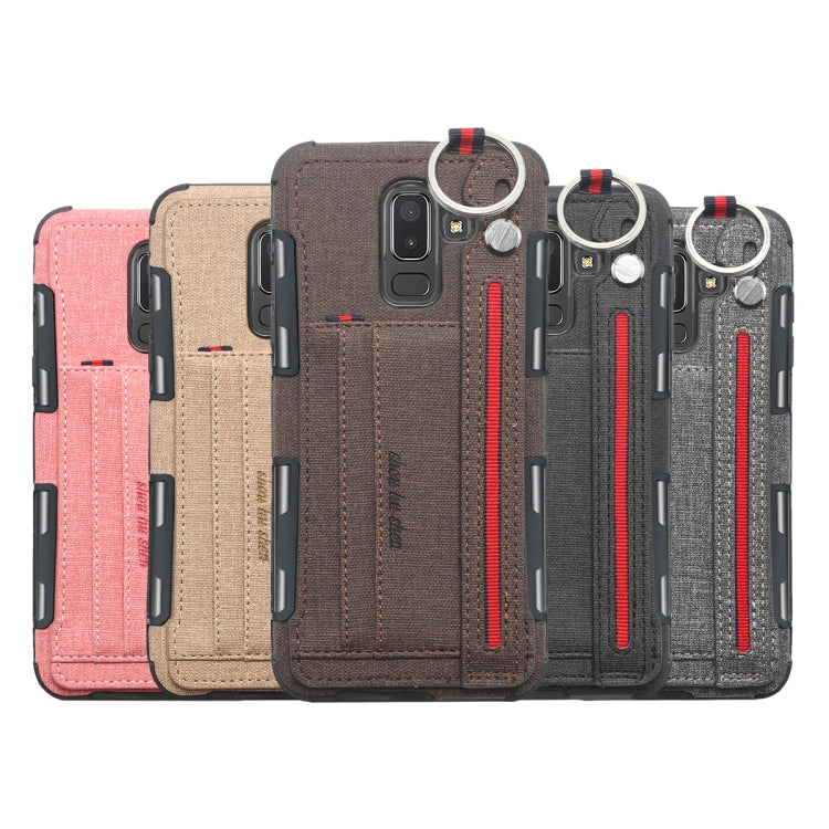 For Galaxy J8 (2018) Cloth Texture + TPU Shockproof Protective Case with Metal Ring & Holder & Card Slots & Hanging Strap