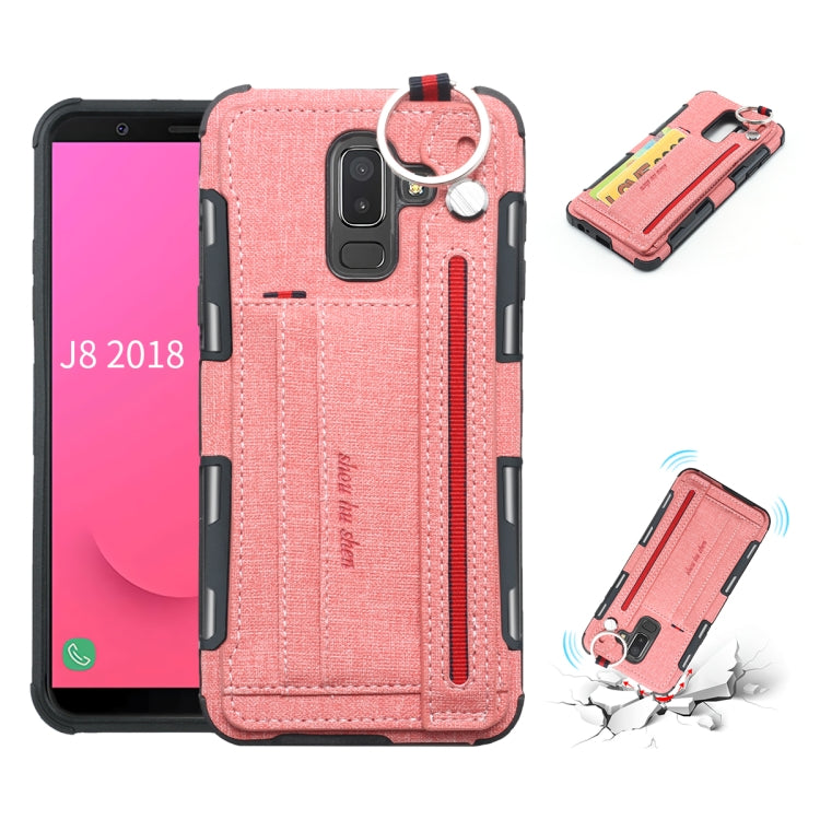 For Galaxy J8 (2018) Cloth Texture + TPU Shockproof Protective Case with Metal Ring & Holder & Card Slots & Hanging Strap