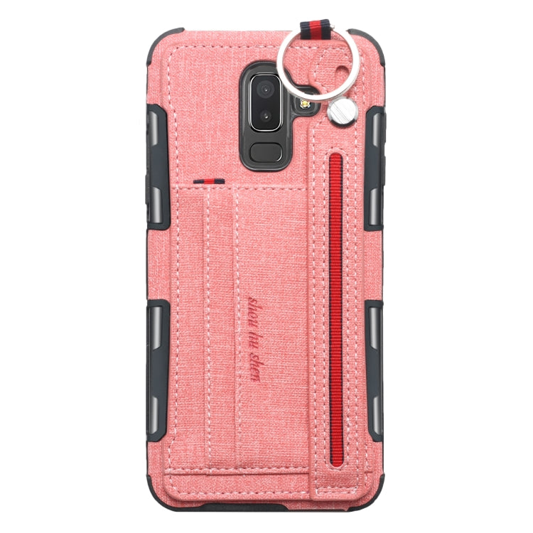 For Galaxy J8 (2018) Cloth Texture + TPU Shockproof Protective Case with Metal Ring & Holder & Card Slots & Hanging Strap