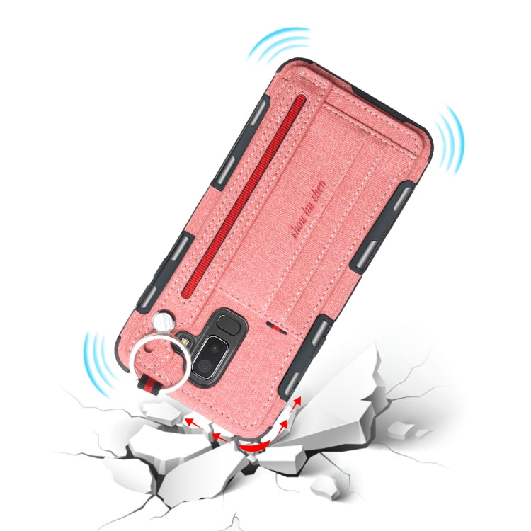 For Galaxy J8 (2018) Cloth Texture + TPU Shockproof Protective Case with Metal Ring & Holder & Card Slots & Hanging Strap
