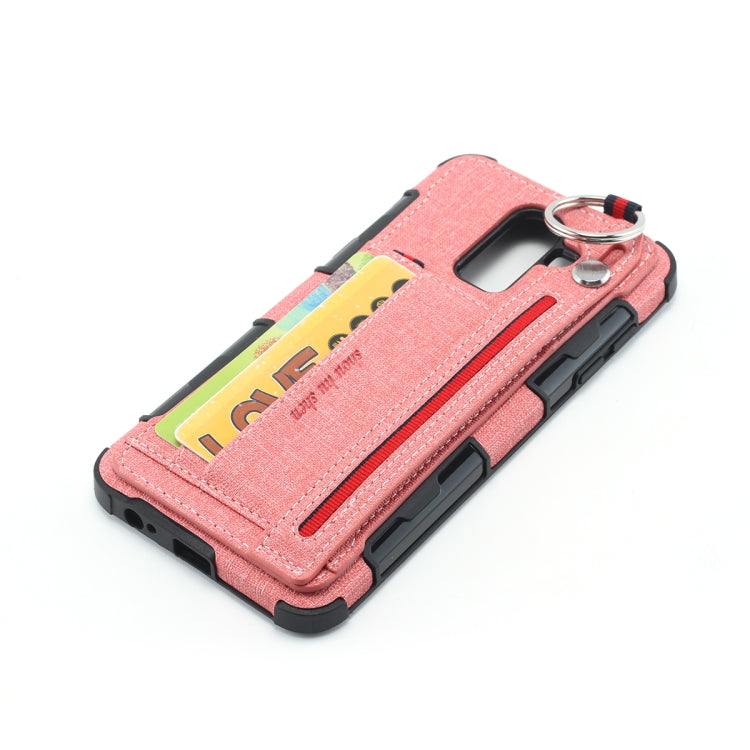 For Galaxy J8 (2018) Cloth Texture + TPU Shockproof Protective Case with Metal Ring & Holder & Card Slots & Hanging Strap
