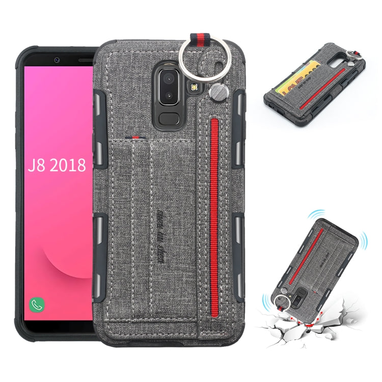 For Galaxy J8 (2018) Cloth Texture + TPU Shockproof Protective Case with Metal Ring & Holder & Card Slots & Hanging Strap