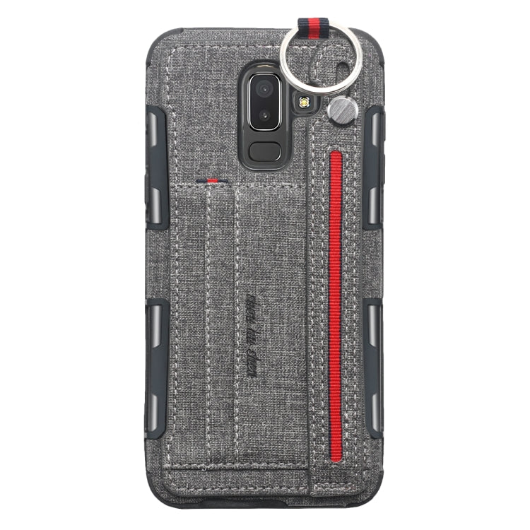 For Galaxy J8 (2018) Cloth Texture + TPU Shockproof Protective Case with Metal Ring & Holder & Card Slots & Hanging Strap