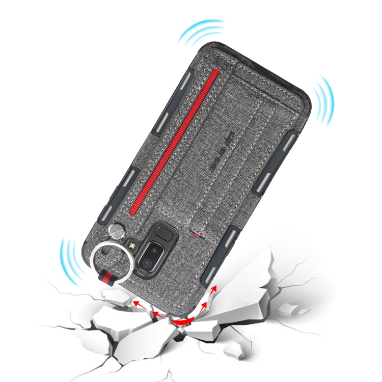 For Galaxy J8 (2018) Cloth Texture + TPU Shockproof Protective Case with Metal Ring & Holder & Card Slots & Hanging Strap