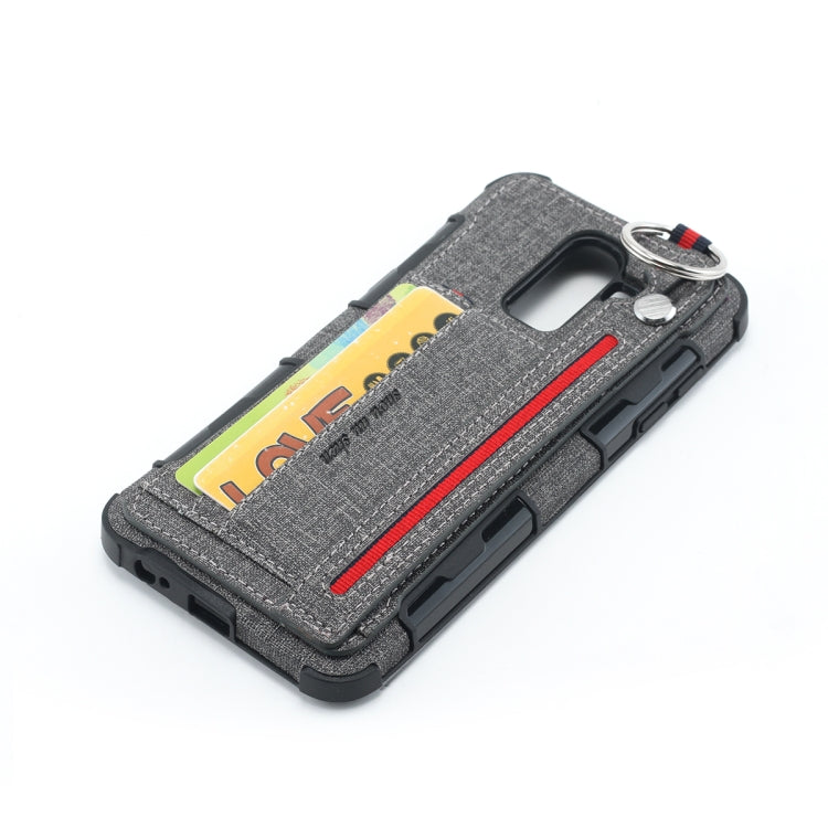 For Galaxy J8 (2018) Cloth Texture + TPU Shockproof Protective Case with Metal Ring & Holder & Card Slots & Hanging Strap