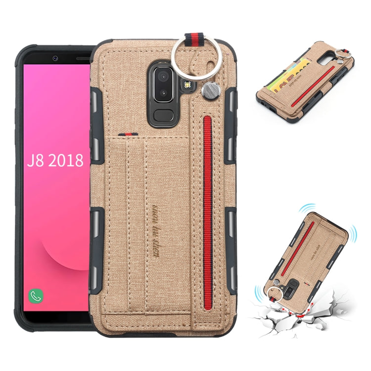 For Galaxy J8 (2018) Cloth Texture + TPU Shockproof Protective Case with Metal Ring & Holder & Card Slots & Hanging Strap
