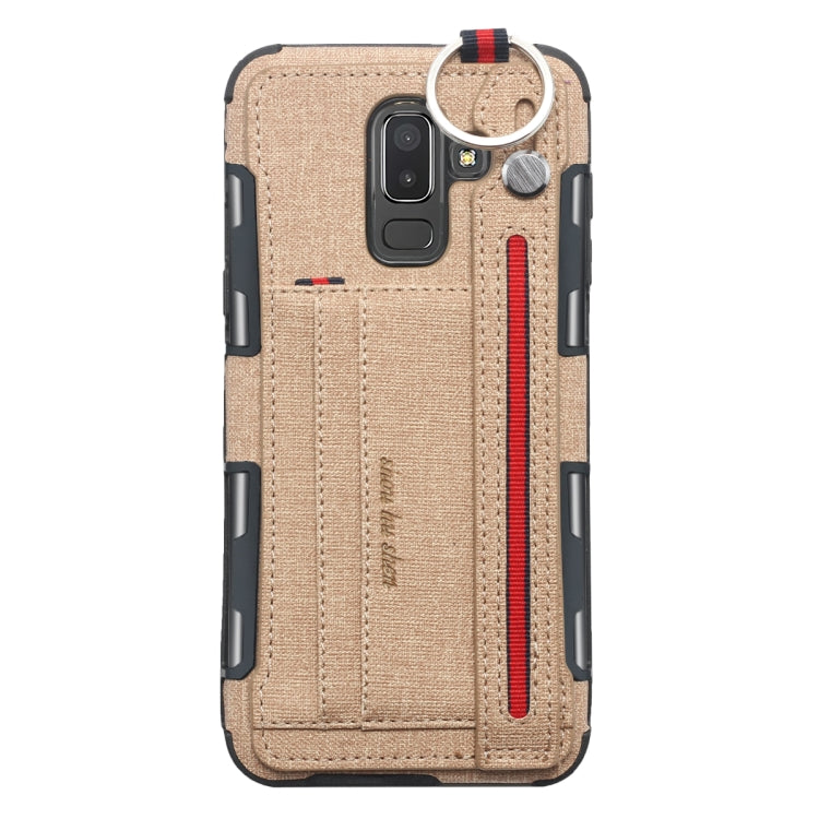 For Galaxy J8 (2018) Cloth Texture + TPU Shockproof Protective Case with Metal Ring & Holder & Card Slots & Hanging Strap