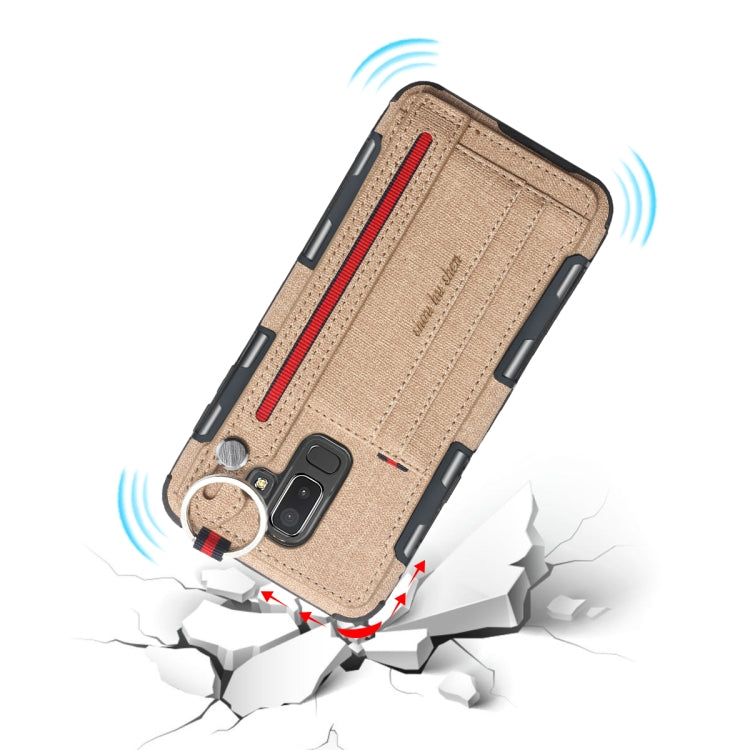 For Galaxy J8 (2018) Cloth Texture + TPU Shockproof Protective Case with Metal Ring & Holder & Card Slots & Hanging Strap