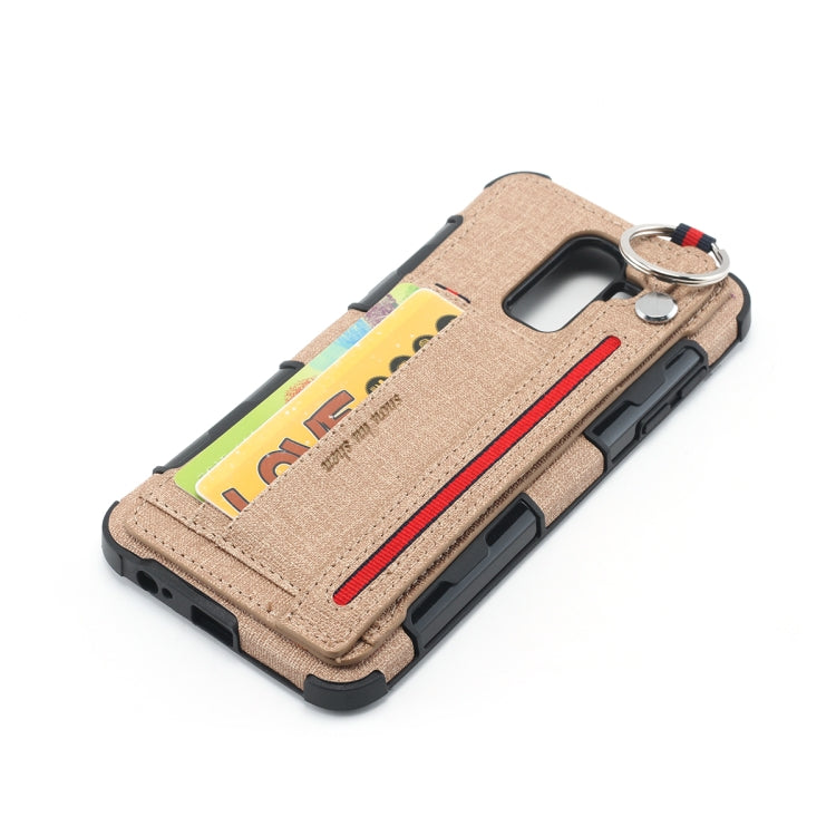 For Galaxy J8 (2018) Cloth Texture + TPU Shockproof Protective Case with Metal Ring & Holder & Card Slots & Hanging Strap