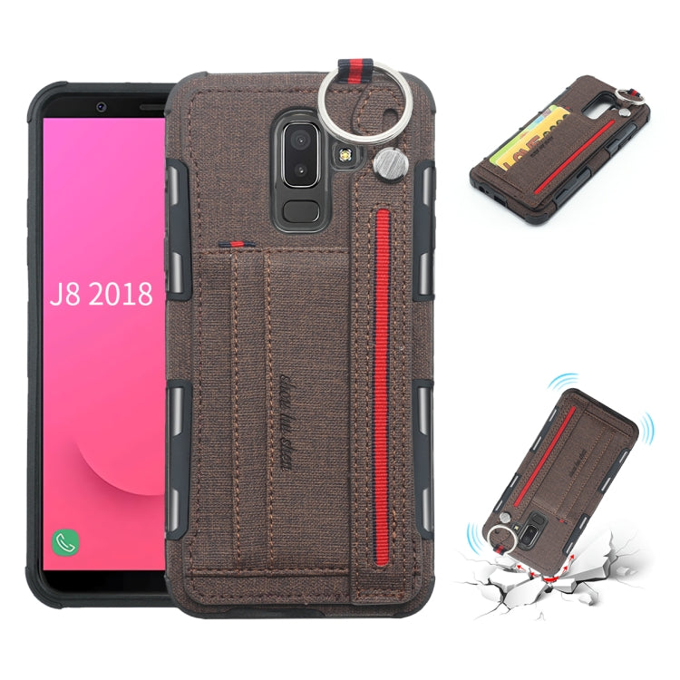 For Galaxy J8 (2018) Cloth Texture + TPU Shockproof Protective Case with Metal Ring & Holder & Card Slots & Hanging Strap