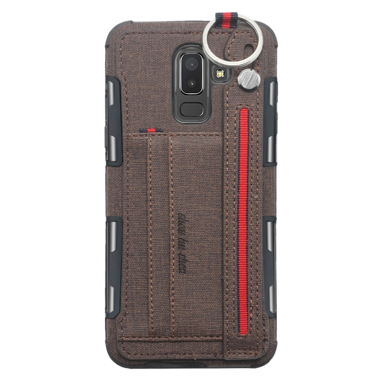 For Galaxy J8 (2018) Cloth Texture + TPU Shockproof Protective Case with Metal Ring & Holder & Card Slots & Hanging Strap