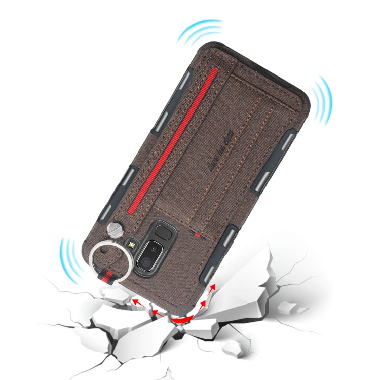 For Galaxy J8 (2018) Cloth Texture + TPU Shockproof Protective Case with Metal Ring & Holder & Card Slots & Hanging Strap