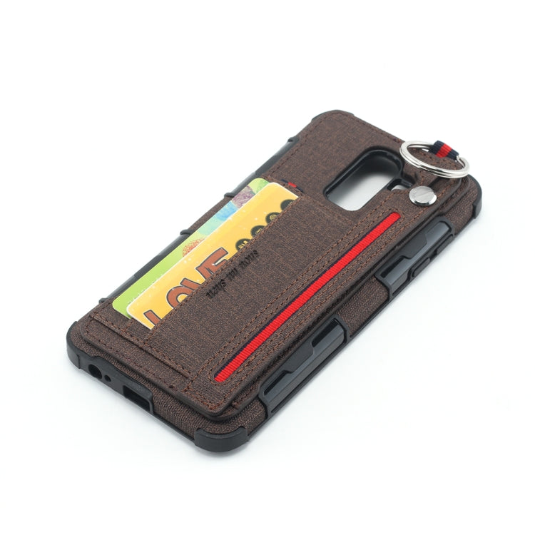 For Galaxy J8 (2018) Cloth Texture + TPU Shockproof Protective Case with Metal Ring & Holder & Card Slots & Hanging Strap