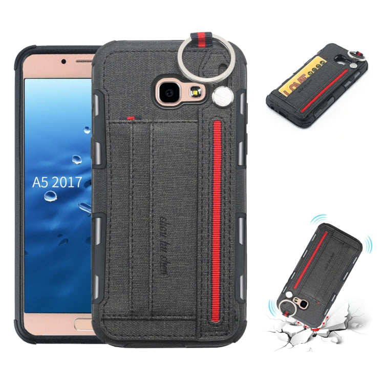 For Galaxy A5 (2017) Cloth Texture + TPU Shockproof Protective Case with Metal Ring & Holder & Card Slots & Hanging Strap