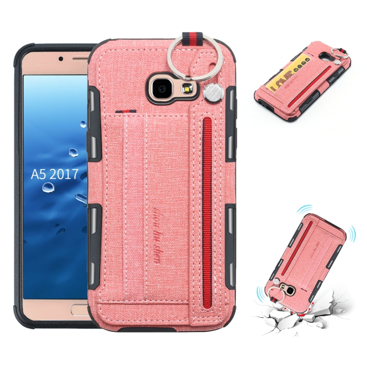 For Galaxy A5 (2017) Cloth Texture + TPU Shockproof Protective Case with Metal Ring & Holder & Card Slots & Hanging Strap