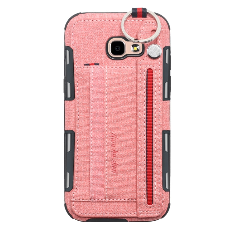 For Galaxy A5 (2017) Cloth Texture + TPU Shockproof Protective Case with Metal Ring & Holder & Card Slots & Hanging Strap