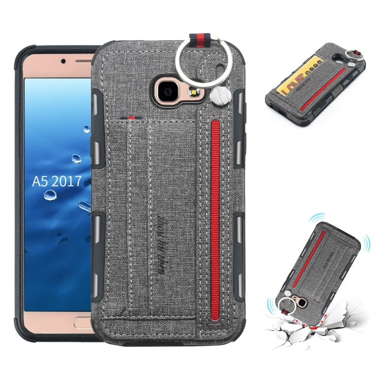 For Galaxy A5 (2017) Cloth Texture + TPU Shockproof Protective Case with Metal Ring & Holder & Card Slots & Hanging Strap