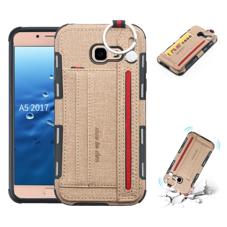 For Galaxy A5 (2017) Cloth Texture + TPU Shockproof Protective Case with Metal Ring & Holder & Card Slots & Hanging Strap