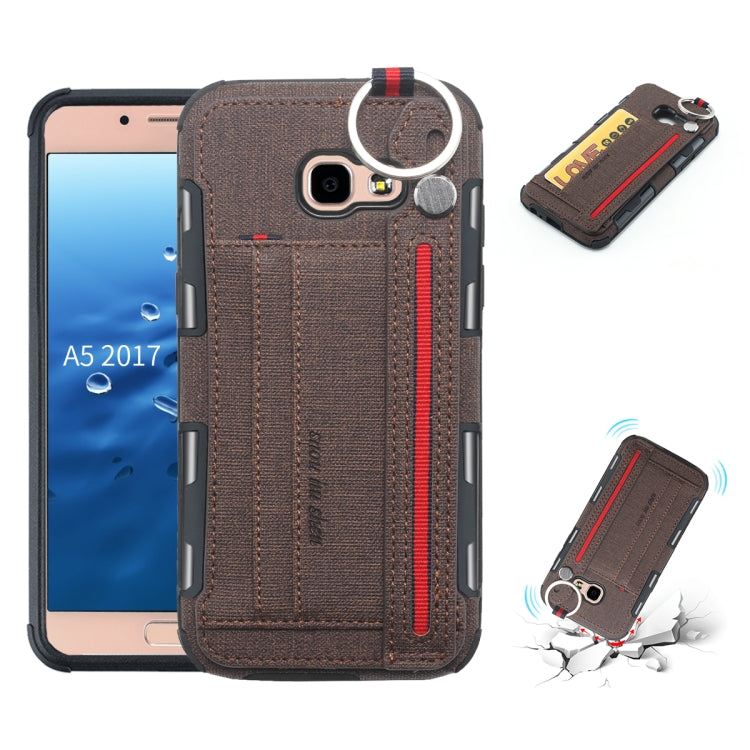 For Galaxy A5 (2017) Cloth Texture + TPU Shockproof Protective Case with Metal Ring & Holder & Card Slots & Hanging Strap