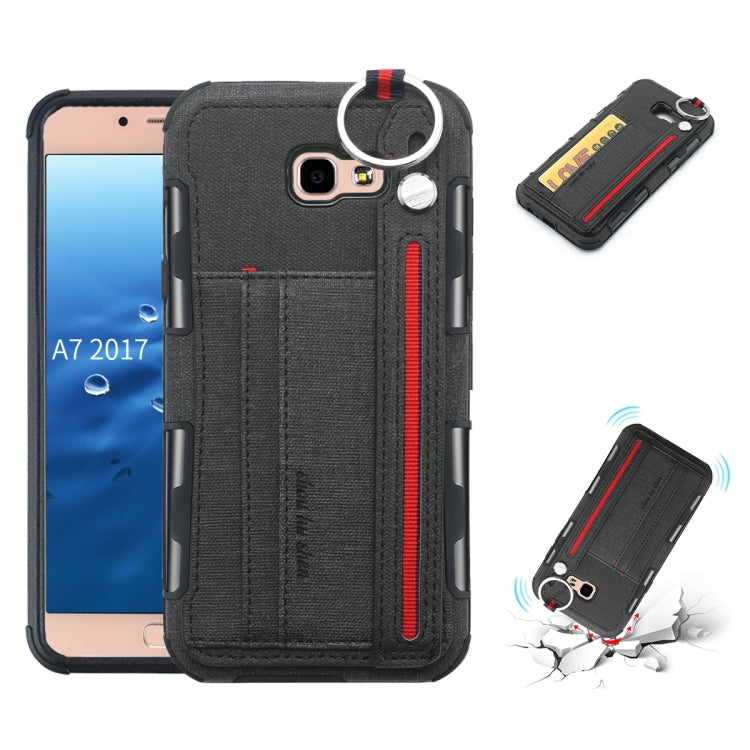 For Galaxy A7 (2017) Cloth Texture + TPU Shockproof Protective Case with Metal Ring & Holder & Card Slots & Hanging Strap