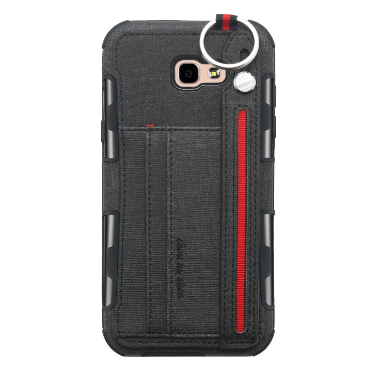 For Galaxy A7 (2017) Cloth Texture + TPU Shockproof Protective Case with Metal Ring & Holder & Card Slots & Hanging Strap