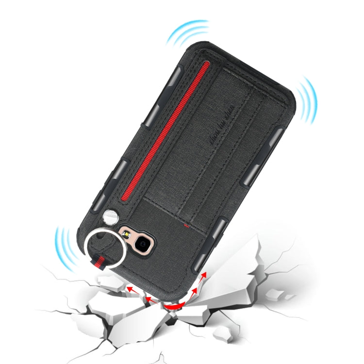 For Galaxy A7 (2017) Cloth Texture + TPU Shockproof Protective Case with Metal Ring & Holder & Card Slots & Hanging Strap