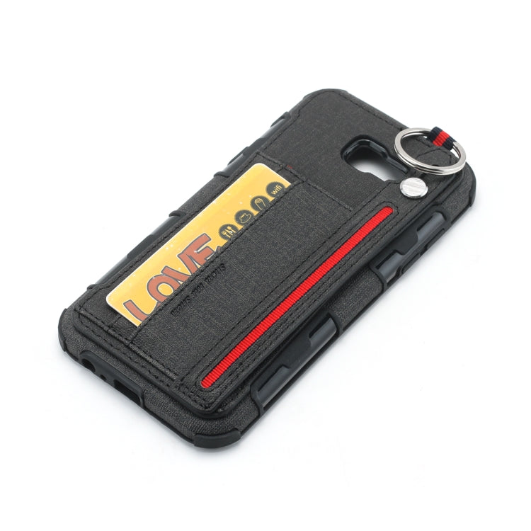 For Galaxy A7 (2017) Cloth Texture + TPU Shockproof Protective Case with Metal Ring & Holder & Card Slots & Hanging Strap